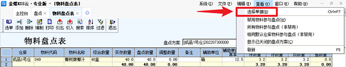 物料盘点表选择单据选项